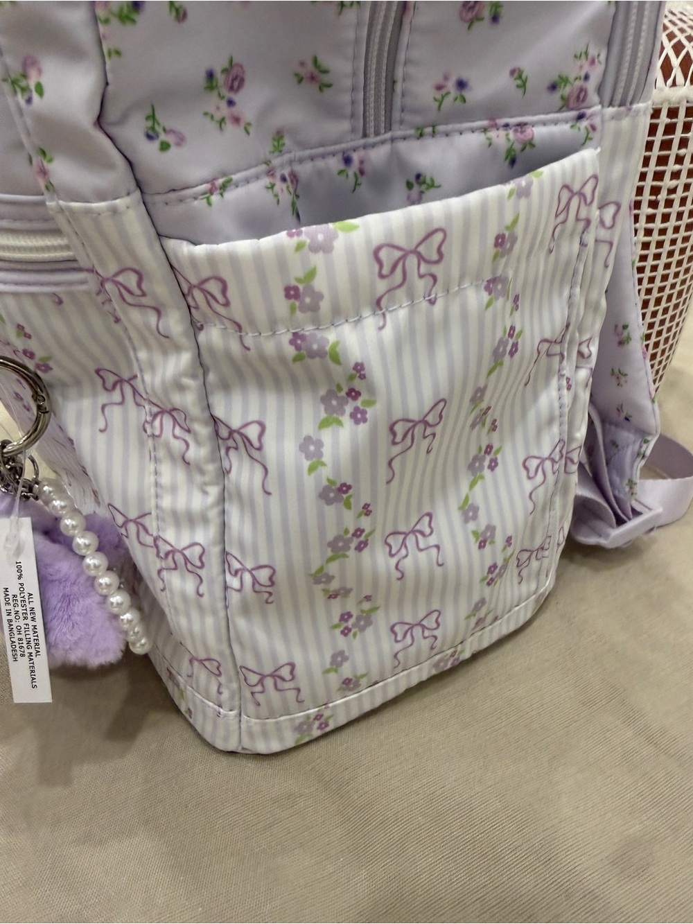RARE & hard find Madden Girl Purple Bow Striped/Ditsy Dome Backpack with/ Charms - Picture 7 of 10
